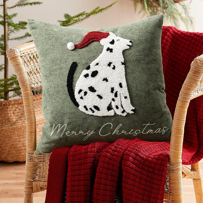 Cute Spotted Dog Christmas Pillow Covers 18x18, Embroidered Christmas Throw Pillow Covers Christmas Decorations Holiday Pillows for Home Couch, Green White/Black Velvet Cushion