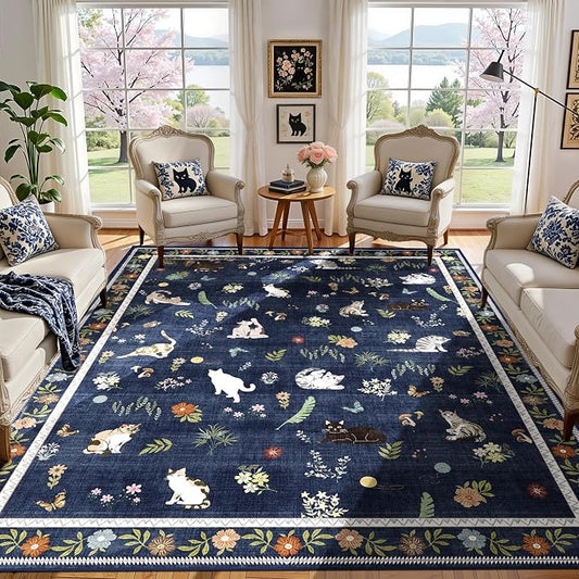 AIMPEAK Large 8x10 Washable Area Rug - Non Slip Low Pile Cat Floral Vintage Boho Large Carpet for Living Room, Bedroom, Farmhouse, Dining Room, Nursery, Girls Room, Kids Playroom, Navy Blue Multi