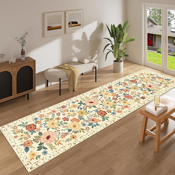 DUKINO 2.6x10 Hallway Runner Rug Washable Kitchen Rug Non Slip Beige Yellow | Soft, Low Pile, Floral Indoor Floor Rug Runner for Entryway, Bedroom, Bathroom, Laundry, Pet Friendly, Home Decor, Ultra-Thin