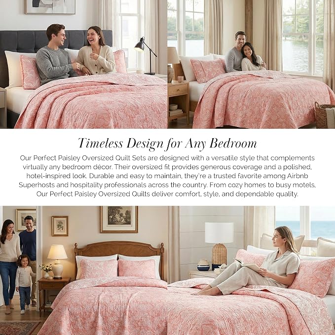 Southshore Fine Living, Inc. Paisley Quilt Set King/California Size, Light Weight Bedspread, 3-Piece Set Bohemian Bedding with Two Matching Quilted Pillow Shams, Cal/King Quilt, Reversible Coral