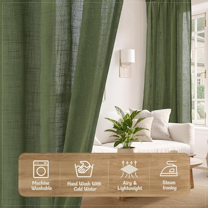 Semi Sheer Linen Curtains 48 Inch Length 2 Panels Set, Olive Green | Short Kitchen Curtains, Light Filtering Panels, Window Drapes for Bathroom, Small Windows, Back Tab Rod Pocket, 34 x 48 Inch