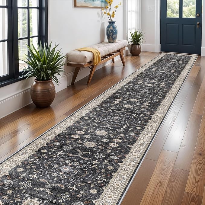 3x20 Washable Hallway Runner Rug - Non-Slip Kitchen Rugs with Rubber Backing Vintage Low Pile Soft Thin Extra Long 20ft Carpet Runners for Indoor Entryway Living Room(Black/Multi,3x20)