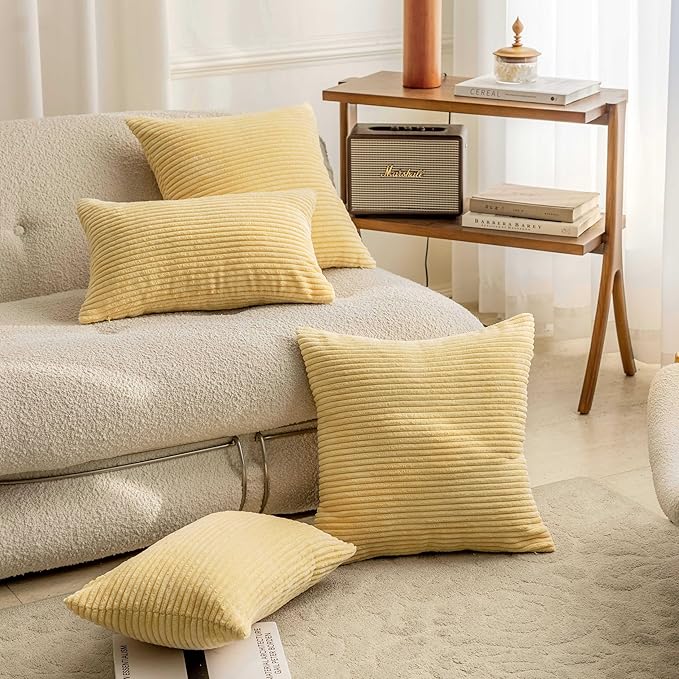 Home Brilliant Set of 2 Super Soft Corduroy Summer Pillow Covers 16x16 Decorative Throw Pillow Covers for Couch Sofa Bed Living Room Hallway Decor, 16 x 16 inch, Light Yellow