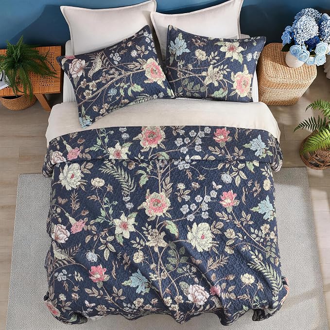 Litanika Floral Ocean Blue Quilt King - 3Pcs Botanical Birds Bedding Set | Bedspread Summer Lightweight Soft Coverlet with Pink Flower for All Seasons(106"x96")