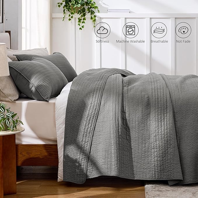 Love's cabin Queen Size Cotton Quilt Set, 100% Cotton Fabric Striped Textured Coverlet with Crinkled Look, Lightweight Quilted Bedspread for All Season, Includes 2 Pillow Shams, Grey | Lightweight