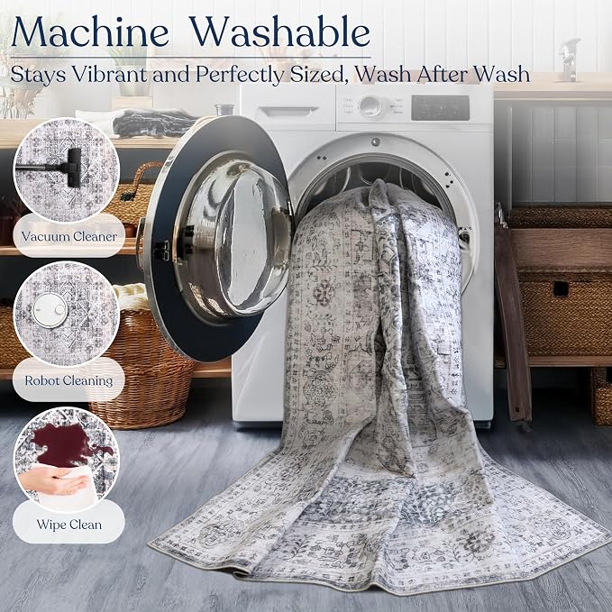 Machine Washable Area Rug, Soft & Durable, Non-Slip, Stain Resistant Rug for Bedroom, Living Room, Dining Room, High Traffic Areas. (Grey/Soft Taupe, 8' X 10')
