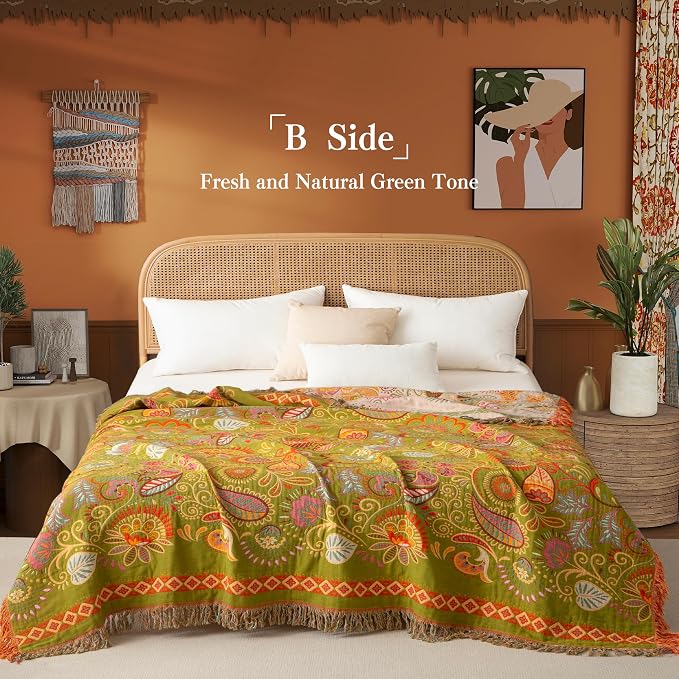 Phuryllic Boho Throw Blanket Full Size, Extra Large Soft Cozy Cotton Muslin Quilt Blanket for Bed Decor, Floral Patterned Couch Sofa Chair Cover, Vintage Farmhouse Cottage Woven Blanket, Coral&Green