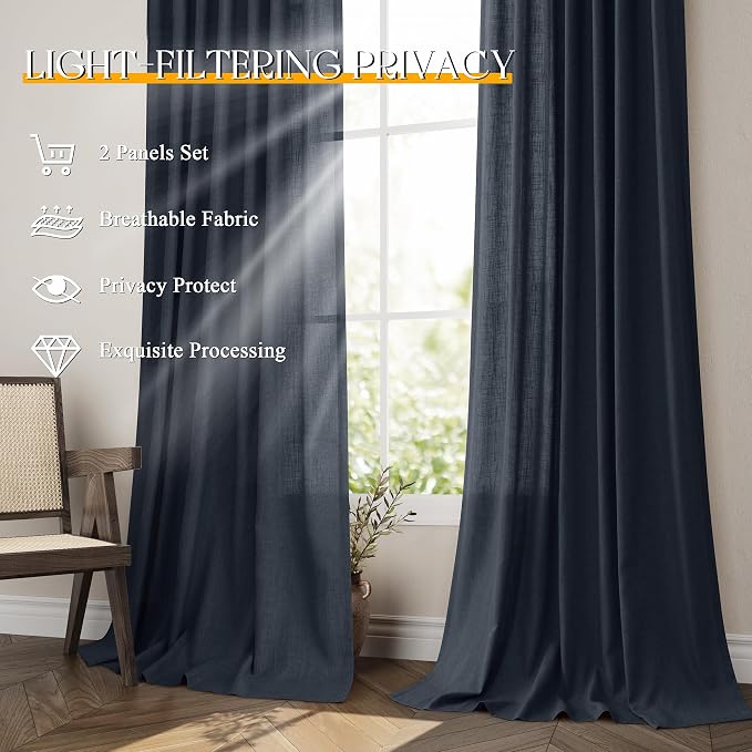 Jowels Retro Blue Linen Curtains 84 Inch Long 2 Panels for Living Room | Light Filtering Semi Sheer Curtain, Back Tab Pocket Pleated Look, Boho Farmhouse Textured Privacy Drapes for Bedroom Window
