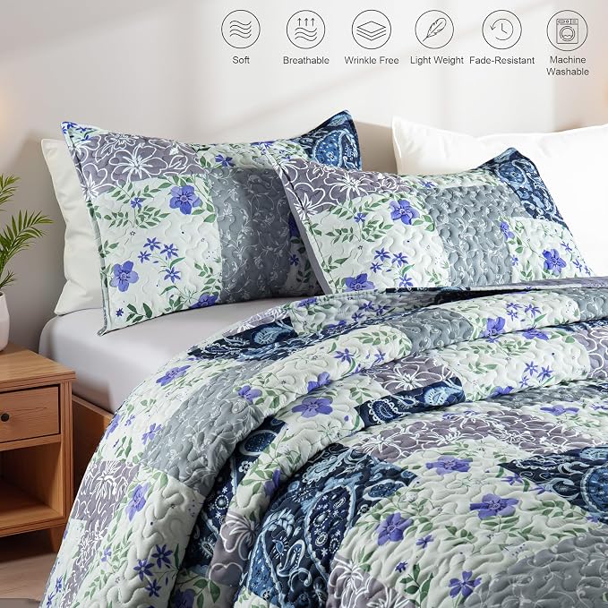 Whale Flotilla Patchwork Quilts Twin Size, Extra Soft Floral Bedspreads | Paisley Flowers Reversible Lightweight Twin Quilt Bedding Set for Bed, Printed Coverlets with 1 Pillow Sham for All Seasons