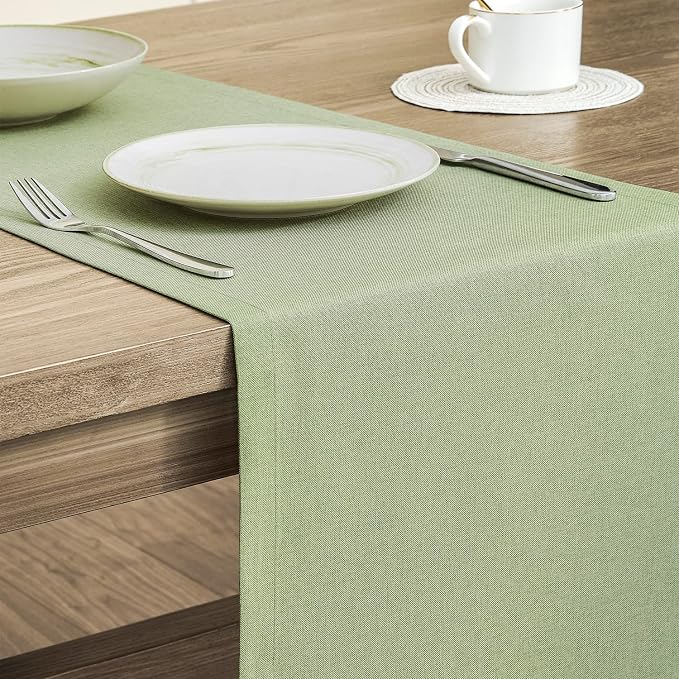 ZeeMart Basic Linen Style Table Runner, 14x36 Inch Sage Green | Mitered Corner Design, Medium Weight Fabric, Rustic Farmhouse Style, Machine Washable Easy Care Everyday Table Scarf