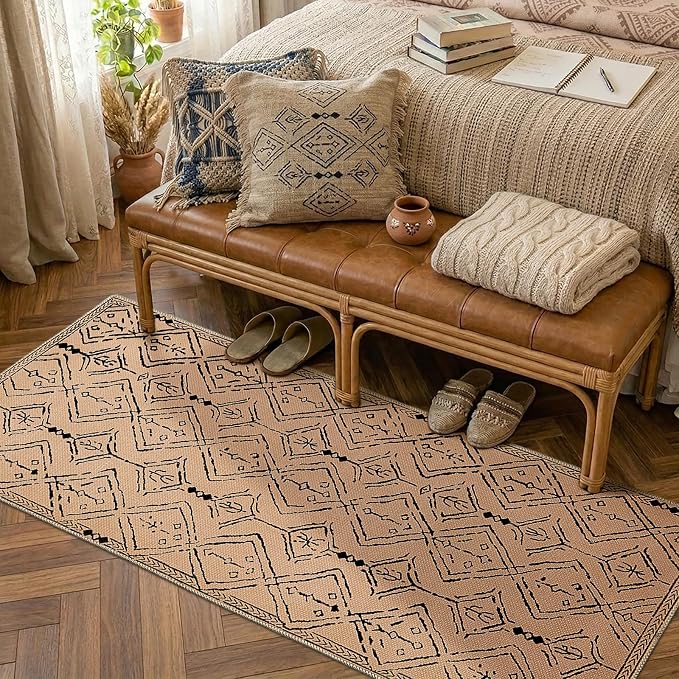 jinchan 2x5 Faux Jute Runner Rug Washable Moroccan Hallway Rug, Warm Taupe | Neutral Boho Geometric, Non-Slip Low Pile, Indoor Outdoor, High-Traffic, Kitchen, Bathroom, Laundry, Porch, Balcony, Entryway