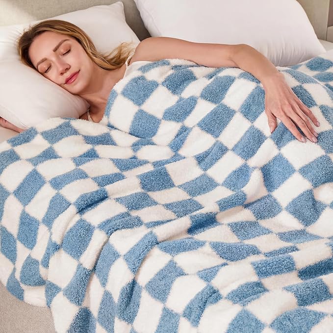 Blue Checkered Twin Size Blanket, Soft Plush Microfiber Fleece Blanket for Couch Sofa Bed, Cozy Decorative Home Blanket, All Season, 60x80 Inches