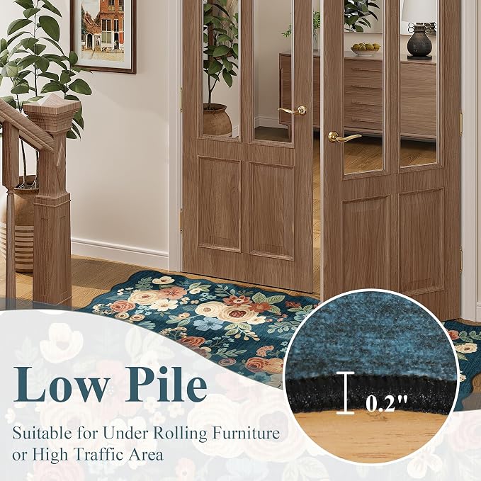 DUKINO 6x9 Area Rugs Floral Washable Living Room Rug Non Slip Prussian Blue | Low Pile, Stain Resistant, Soft Indoor Large Rugs for Bedroom, Dining Room, Kids Playroom, Nursery, Pet Friendly, Home Decor