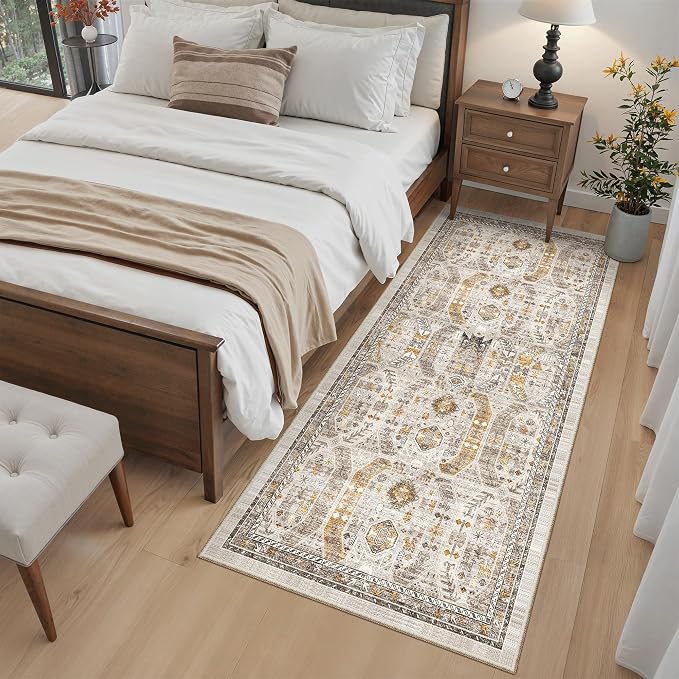 Madane Washable Runner Rug 3x6 Runners for Hallways Non Slip, Brown/Gold | Vintage Stain-Resistant 6 Feet Kitchen Rug, Soft Low-Pile Ultra-Thin Floor Carpet Mat for Bathroom Laundry Room Bedroom 2x6ft