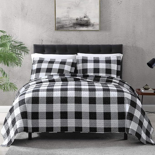 EXQ Home Quilt Set Full Queen Size Black and White Squares Bedspread | Bedding Set For All Season Use, Soft & Breathable Coverlet,3-Piece Set Includes 2 Shams, Machine Washable