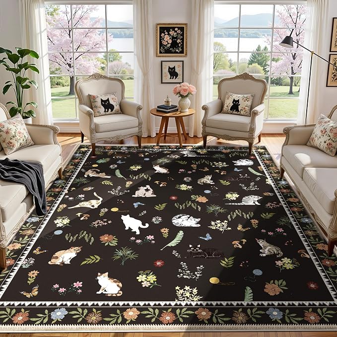 AIMPEAK Large Black 8x10 Washable Area Rug - Non Slip Low Pile Cat Floral Vintage Boho Large Carpet for Living Room, Bedroom, Farmhouse, Dining Room, Nursery, Girls Room, Kids Playroom, Black Multi