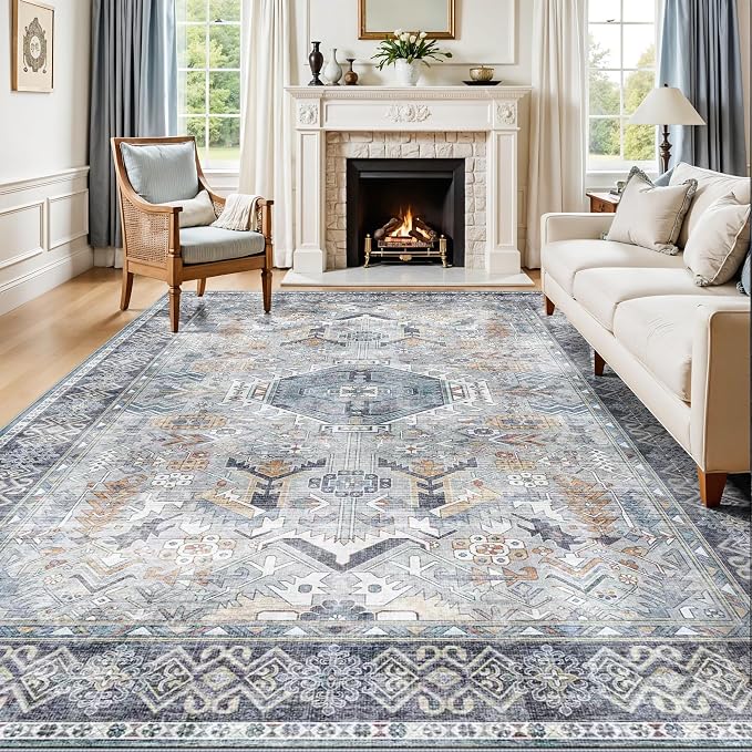 Washable Living Room Area Rug - 8x10 Large Bedroom Rug Distressed Oriental Non-Slip Non-Shedding Print Floor Carpet for Dining Room Kitchen (Grey/Blue,8 x 10)
