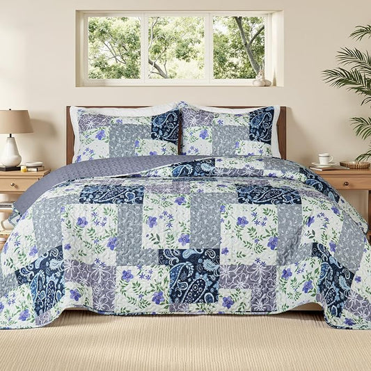 Whale Flotilla Patchwork Quilts Twin Size, Extra Soft Floral Bedspreads | Paisley Flowers Reversible Lightweight Twin Quilt Bedding Set for Bed, Printed Coverlets with 1 Pillow Sham for All Seasons