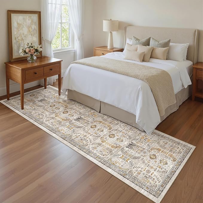 Madane Hallway Runner Rug 2x8 Washable Kitchen Rugs Non-Slip, Brown/Gold | Vintage Machine Washable Low-Pile Floor Carpet 8ft, Soft Ultra-Thin Throw Entry Foyer Mat for Entrance Laundry Living Room