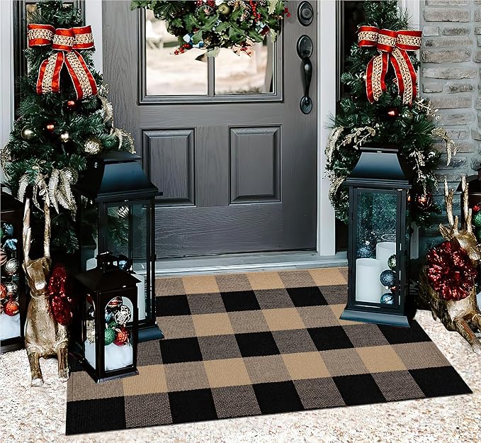 Checkered Front Door Mat Outdoor 24''x35''Buffalo Plaid Outdoor Rug Cotton Washable Layered Doormat for Bedroom,Bathroom,Farmhouse,Entryway,Home Entrance