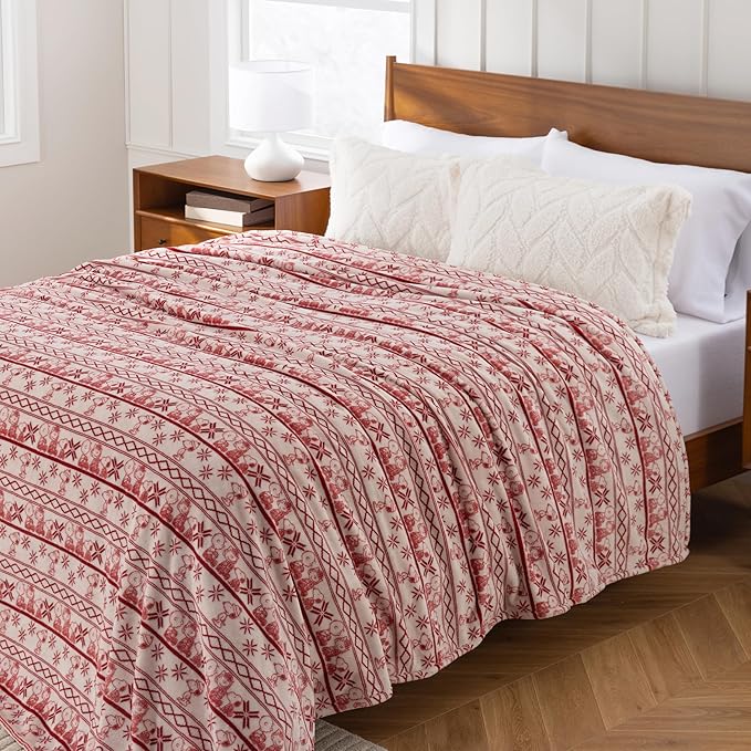Berkshire Peanuts® VelvetLoft® Cute Character Snoopy Plush Throw Blanket,Cozy Fairisle Crimson Neutral,Throw 55 in x 70 in (Official Peanuts® Product)