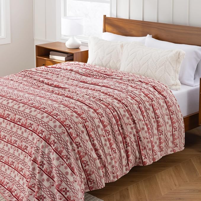 Berkshire Peanuts® VelvetLoft® Cute Character Snoopy Plush Blanket,Cozy Fairisle Crimson Neutral,Twin 60 in x 90 in (Official Peanuts® Product)
