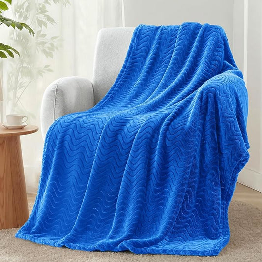 Exclusivo Mezcla Large Fleece Throw Blanket for Couch, Sofa, Cobalt Blue | 50"x70" Soft Breathable Lightweight Flannel Throws for Summer, Plush Cozy Jacquard Wave Blanket for Home Decor