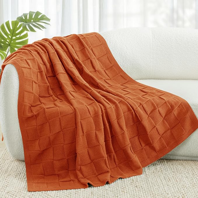 Whale Flotilla Checkered Knit Throw Blanket for Couch, Burnt Orange | Soft Decorative Knitted Blankets for Couch Sofa Bed, Lightweight Cozy Throws for Spring Summer, 50x60 Inch