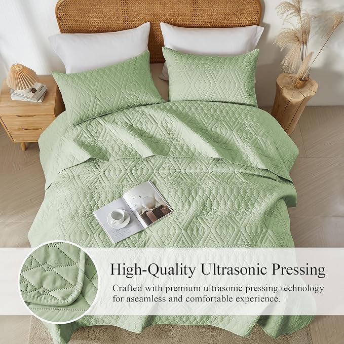 akkialla Twin Size Quilt Bedding Set,Sage Green Lightweight Microfiber Soft Bedspreads,Modern Style Geoetric Pattern Coverlet Set for All Seasons,2 Piece(1 Quilt,1Pillow Sham)