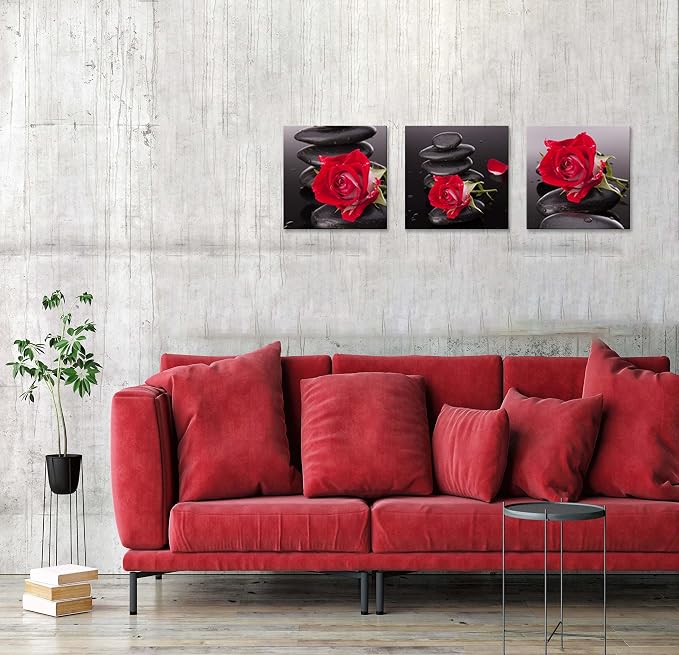 NAN Wind Red Canvas Wall Art Bedroom Wall Decor Black and White Zen Stones Spa Wall Art Rose Pictures for Living Room Kitchen Home Decorations Red Bathroom Accessories Flower Paintings Room Artwork