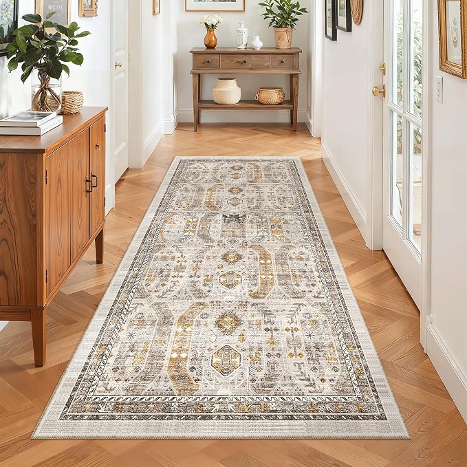 Madane Washable Runner Rug 3x6 Runners for Hallways Non Slip, Brown/Gold | Vintage Stain-Resistant 6 Feet Kitchen Rug, Soft Low-Pile Ultra-Thin Floor Carpet Mat for Bathroom Laundry Room Bedroom 2x6ft