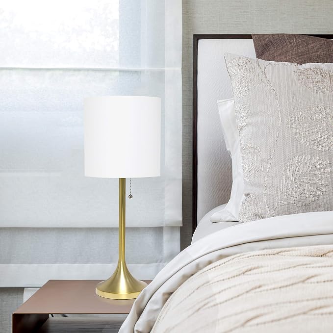 Simple Designs LT1076-GDW Tapered Fabric Drum Shade Table Lamp, Gold and White, 8 x 8 x 21