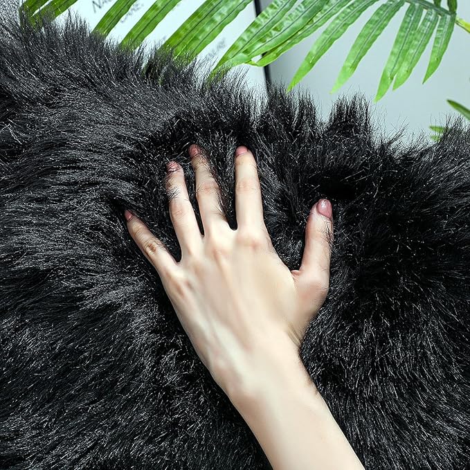 linmopm Faux Fur Sheepskin Rug, Black, 3x4 ft | Shag Fluffy Fuzzy, Rectangle, High-Density Cushion, For Bedroom Bedside Living Room, Plush Sofa Cover