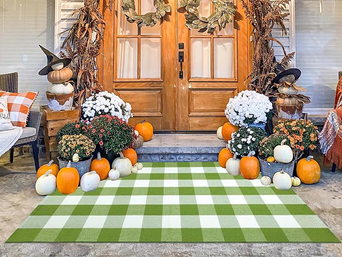Front Porch Rug 3'x5'Checkered Green and White Outdoor Rug Farmhouse Layered Doormat Machine Washable Front Door Mat Outdoor for Hello Welcome Mat,Bedroom,Entryway,Patio