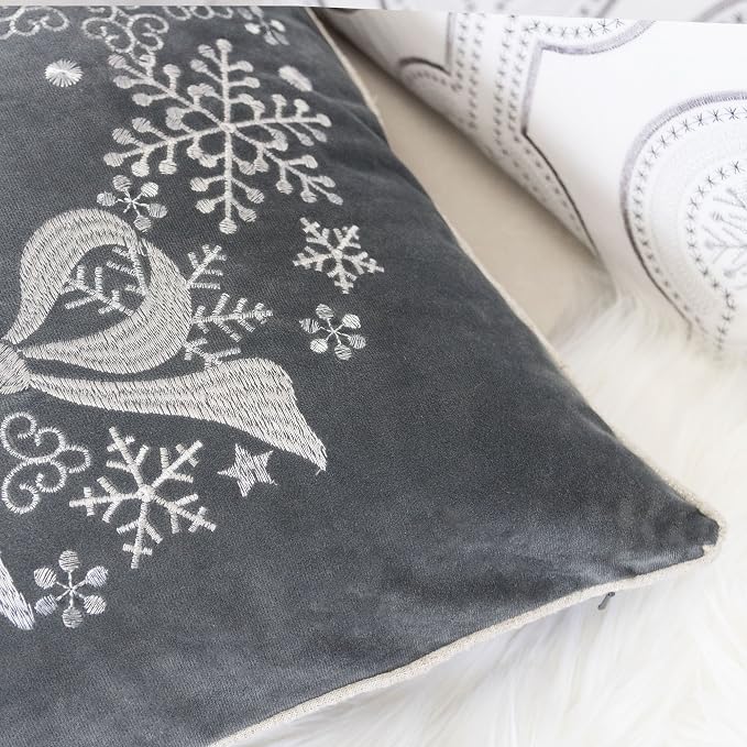 Embroidery Gray Velvet Throw Pillow Cover, Merry Christmas Series Snowflake Floral Wreath Luxury Soft Fuzzy Cozy Warm Slik Gift Square Couch Cushion Pillow Case 20 x 20 Inch, Cover Only