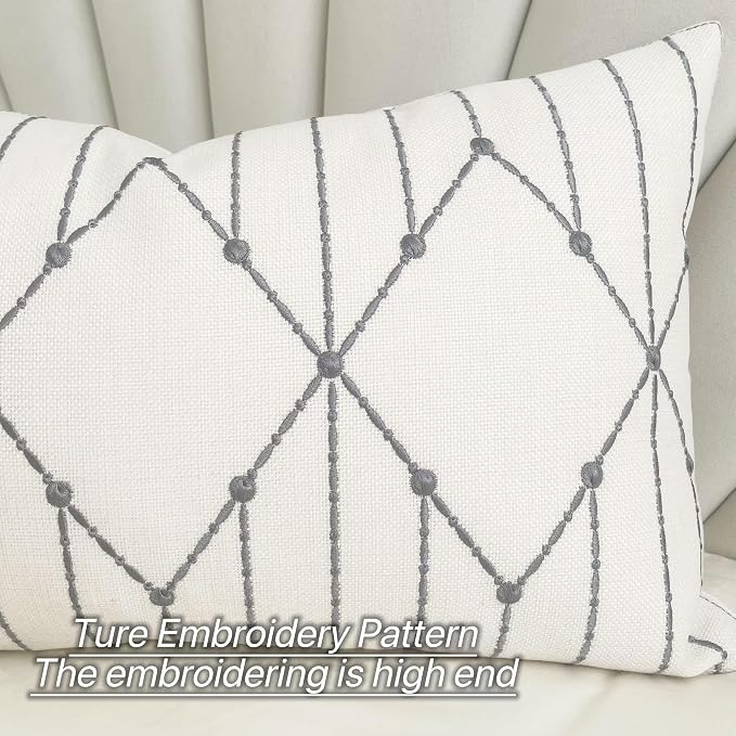 Slow Cow Linen Embroidery Rectangular Pillow Cover Cushion Cover Decorative Lumbar Throw Pillow Cover for Couch Sofa 12 x 20 Inches Dark Gray