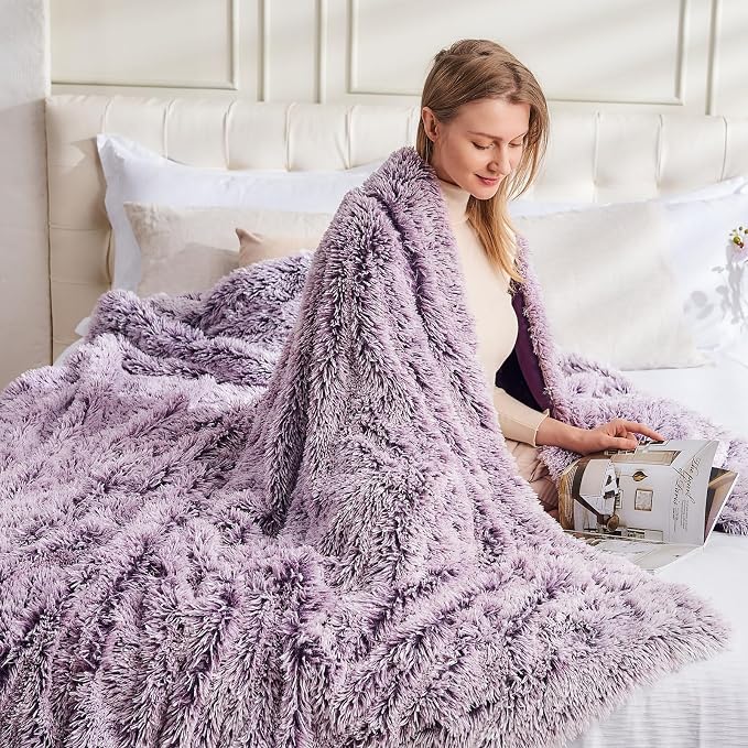 GONAAP Fuzzy Faux Fur Twin Blanket for Couch, Frosty Purple, 60"x80" | Warm Cozy Plush Shaggy Decorative Reversible Thick Non-Heated Fleece Blanket for Sofa Bed, Gift for Women Men, All Season Use