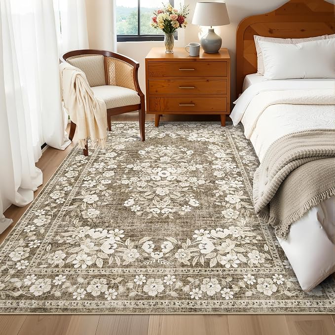 GarveeHome 4x6 Botanical Rug for Bedroom Vintage Floral Floor Carpets | Machine Washable Non-Slip Bordered Boho Flower Accent Mats 4x6 Rug for Living Room Dining Room Office Brown