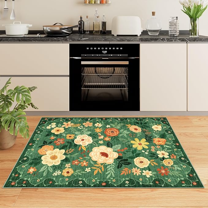DUKINO 3x5 Area Rug, Floral Washable Rug for Bedroom Non Slip, Dark Green | Soft, Stain Resistant Low Pile Indoor Rug for Entryway, Bedroom, Bathroom, Living Room, Pet Friendly, Home Decor, Lightweight