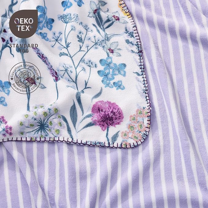 Floral Reversible Throw Blanket for Couch-Coco Flannel Soft Bed Blankets | Luxuriously Warm Fluffy Decor for Women, Mom, Her & Girls, Plush Throw for Sofa, Chair, 50x60in, Purple Dandelion