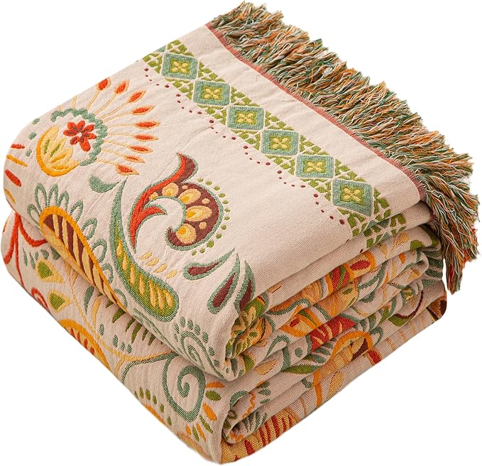 Phuryllic Boho Throw Blanket Twin Size, Soft Cozy Cotton Muslin Quilt Blanket for Bed Decor, Floral Patterned Couch Sofa Chair Cover, Vintage Farmhouse Cottage Tapestry Woven Blanket, Coral&Green