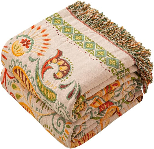 Phuryllic Boho Throw Blanket Full Size, Extra Large Soft Cozy Cotton Muslin Quilt Blanket for Bed Decor, Floral Patterned Couch Sofa Chair Cover, Vintage Farmhouse Cottage Woven Blanket, Coral&Green