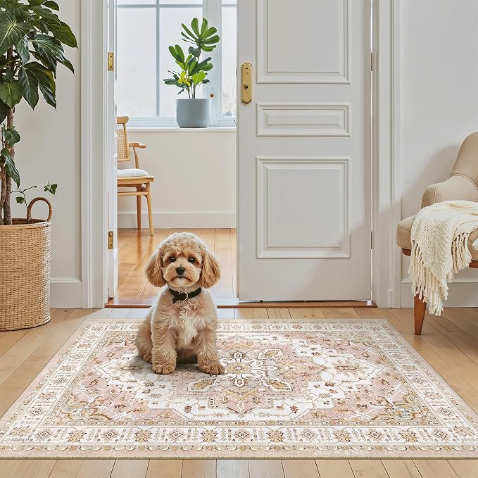 Madane Washable Area Rug 2x3 Small Entryway Rugs Non-Slip, Pink | Vintage Stain-Resistant Door Mat Indoor Entrance, Low Pile Floor Carpet for Inside Front Bedroom Kitchen Entry Laundry, Stair