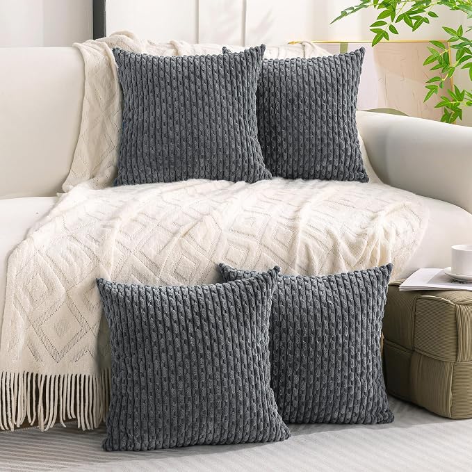 Set of 4 Medium Grey Decorative Throw Pillow Covers 16x16 Inch Corduroy Pillow Covers for Bed Couch Sofa Living Room Soft Square Cushion Cases