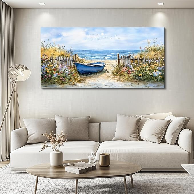 QIYILEXWART Large Wall Decor For Living Room Canvas Wall Art For Office Modern Wall Decorations For Bedroom Sea Side Boat Landscape Painting Farmhouse Pictures Artwork Room Home Decor 24x48 In
