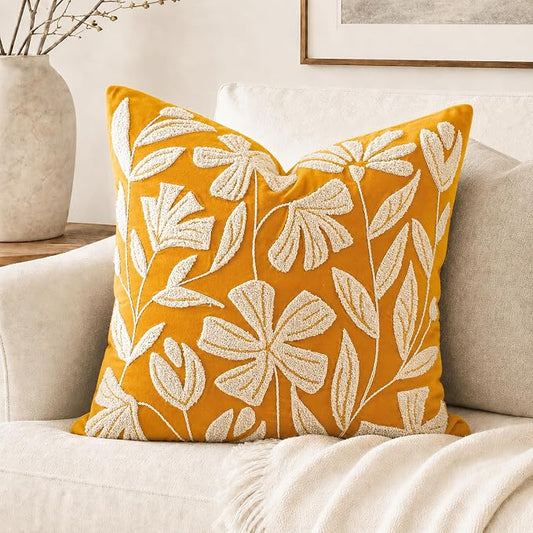 BlissBlush Throw Pillow Cover 20x20 Inch, Mustard Floral Tufted Velvet Decorative Accent Pillow Case for Sofa Bed Living Room, Cover Only