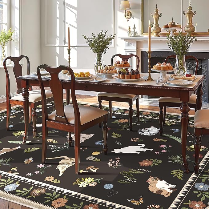 AIMPEAK Black 5x7 Washable Area Rug - Non Slip Low Profile Cat Floral Boho Carpet for Living Room, Bedroom, Farmhouse, Dining Room, Kids Playroom, Nursery, Vintage, Black Multi