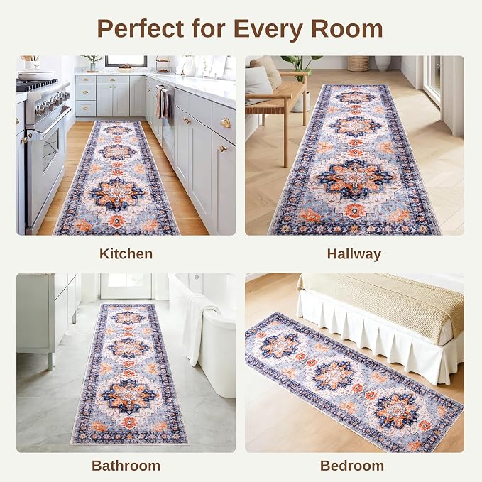 2x6 Rug Runners for Hallways Non Slip, Washable Kitchen Runner Rug | Soft faux wool, machine washable & stain resistant. Non-slip rubber backing, low pile. For hallway, kitchen, bedroom.Blue.