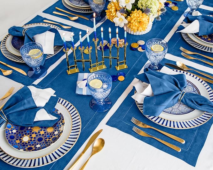 Solino Home 100% Pure Linen Table Runner Indigo Blue Hemstitch, 14 x 108 in | Classic Hemstitch, dresses up dining tables for everyday meals, hemstitched border, mitered corners, soft, OEKO-TEX Certified