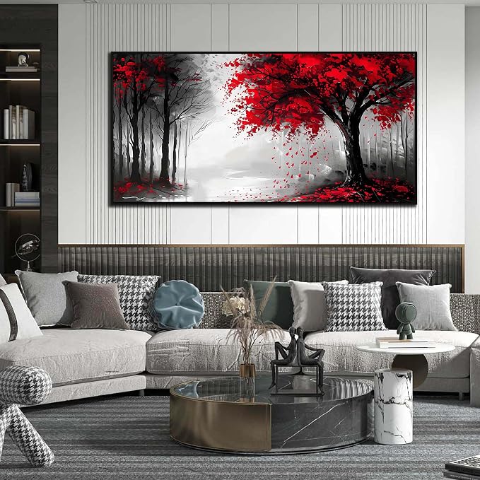 Large Canvas Wall Art for Living Room Black White and Red Tree of Life Print Pictures Painting With Black Wood Framed Wall Decor for Bedroom Modern Home Forest Wall Decorations Artwork Size 30x60 Ready to Hang